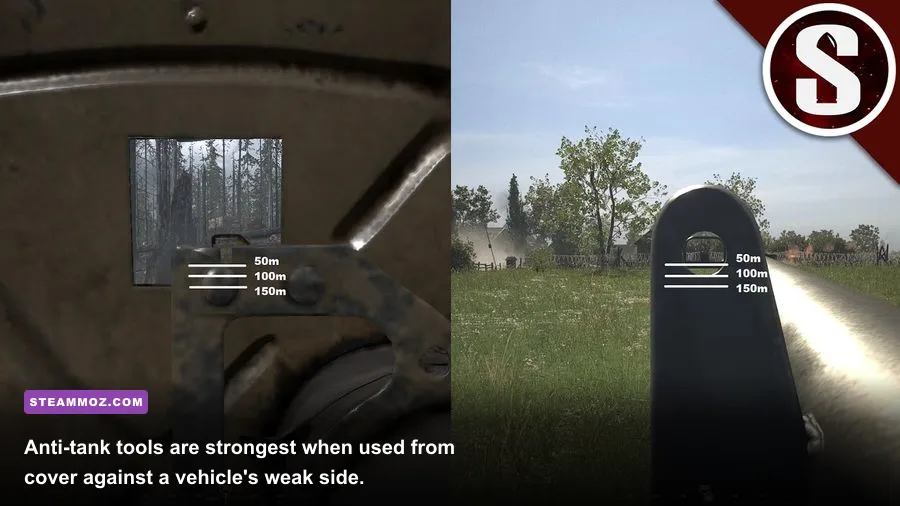 Faces of War soldier preparing an anti-tank weapon beside a damaged vehicle