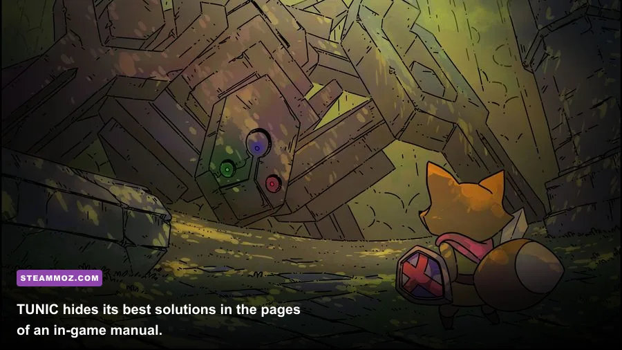 TUNIC fox hero exploring a ruined cathedral with a glowing golden path