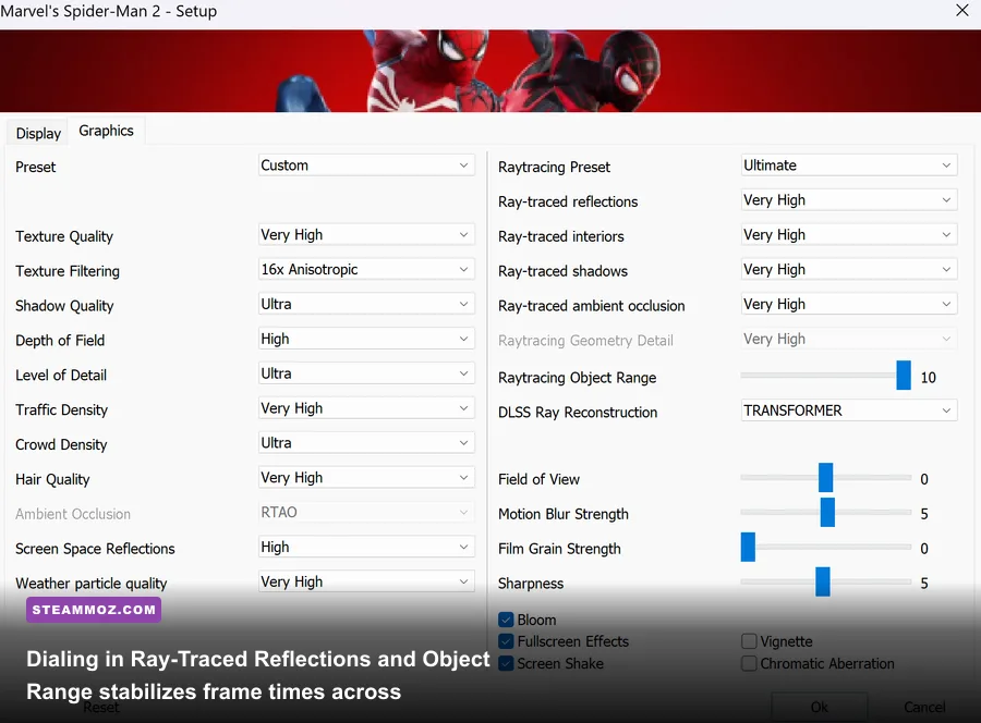 Spider-Man Remastered PC display and graphics settings optimization screen