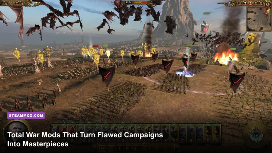 Massive fantasy battlefield clash in Total War Warhammer 3 with overhaul mods enabled