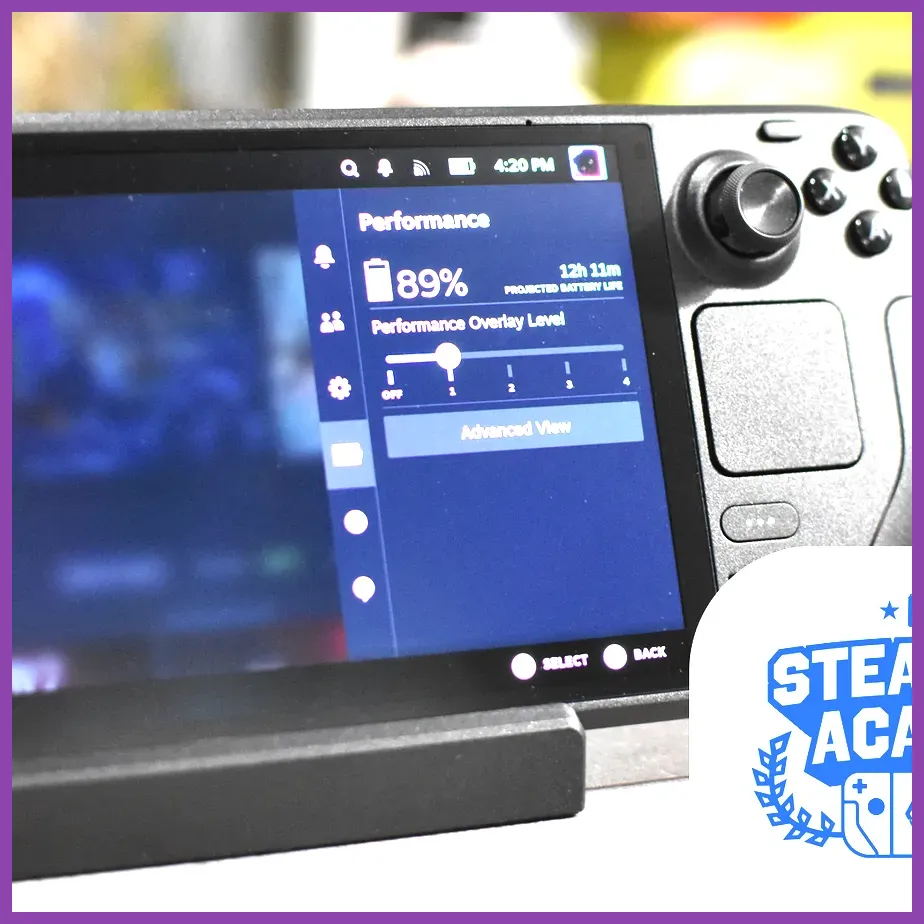 Steam Deck running a battery life test with FPS limiter and settings visible