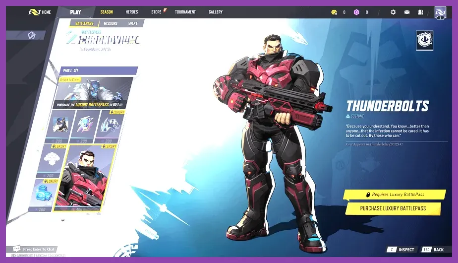 Marvel Rivals battle pass and character unlock menu interface