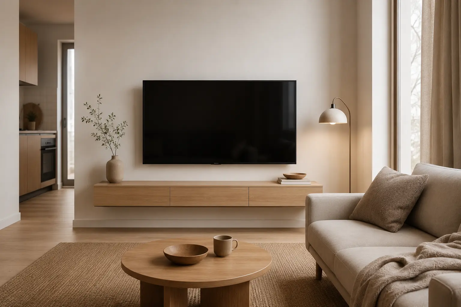 Slim floating media console in a small Scandinavian-style apartment living room