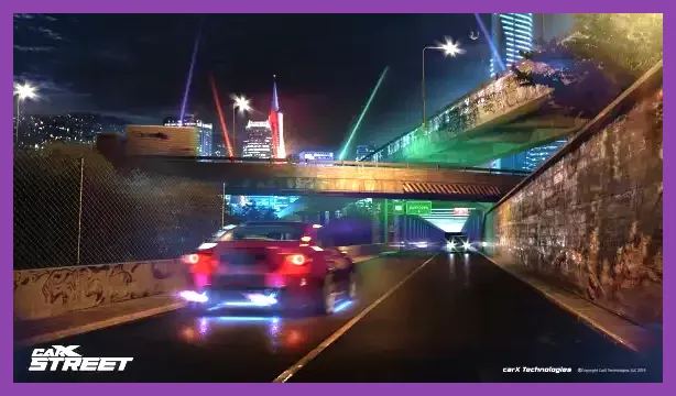 CarX Street modified sports car drifting through neon-lit city streets at night