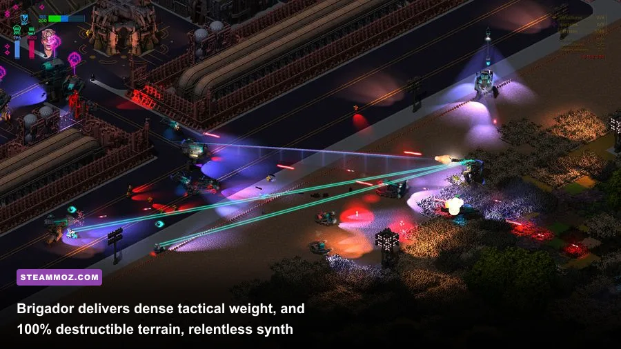Brigador mech blasting through neon cyber-dystopian architecture with heavy artillery