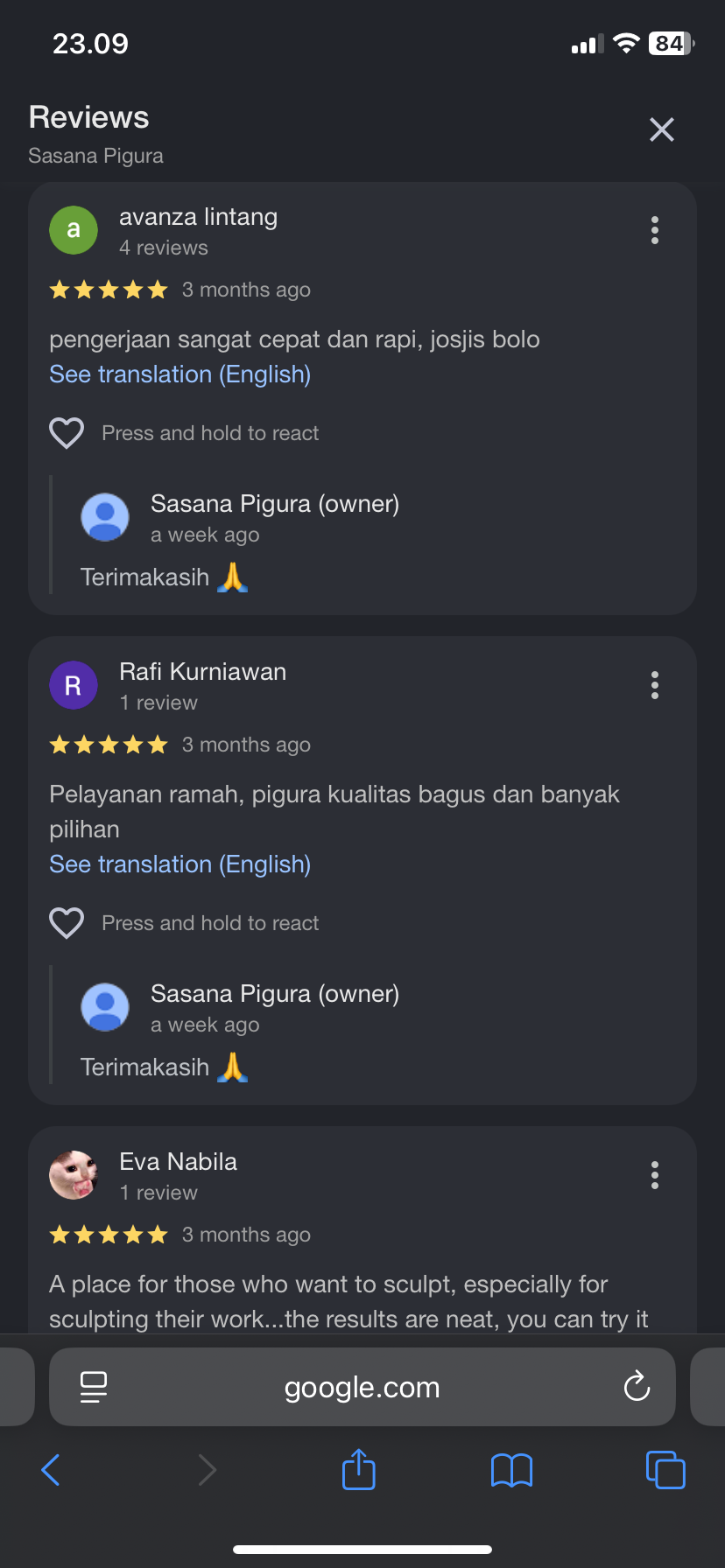 Screenshot testimoni WhatsApp customer Sasana Pigura 8