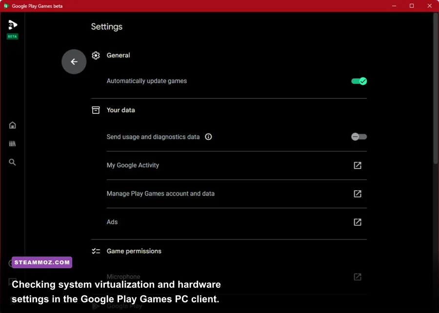 Google Play Games PC settings interface displaying virtualization and hardware status