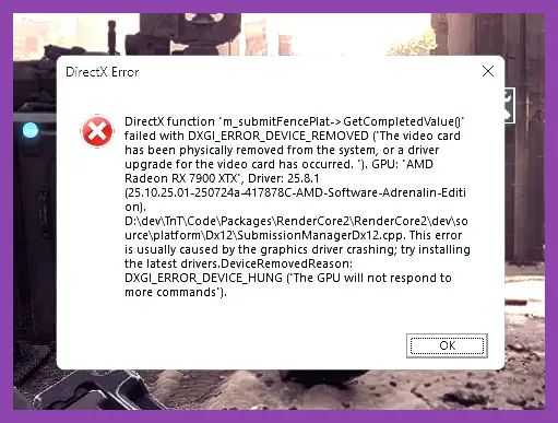DirectX error message on a gaming PC display