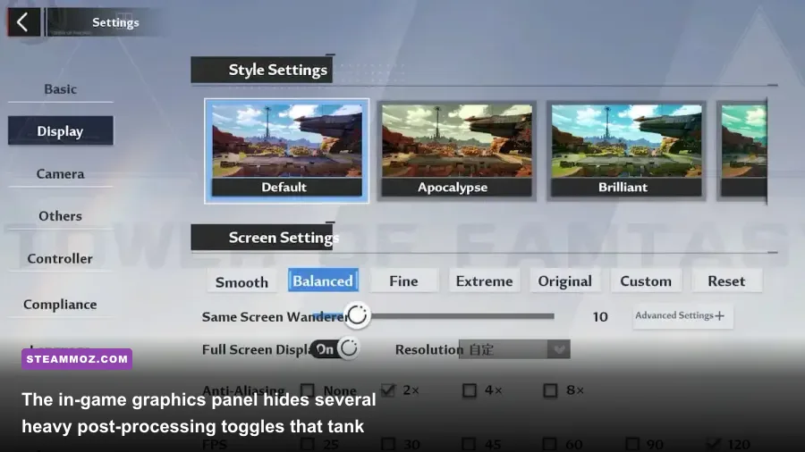 Tower of Fantasy PC in-game graphics menu displaying resolution and frame rate options
