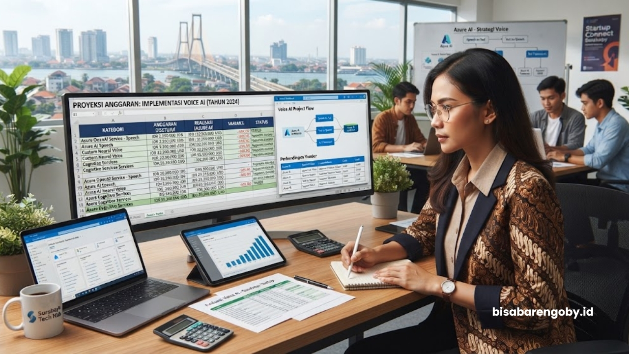 Manajer operasional mengevaluasi alokasi anggaran saat menyeleksi jasa Voice AI untuk startup di Surabaya berbasis Azure AI