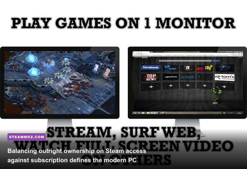 Dual monitor PC setup comparing digital storefront libraries