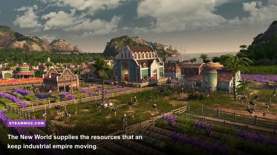 Anno 1800 New World island with sugar cane plantations and a busy harbor