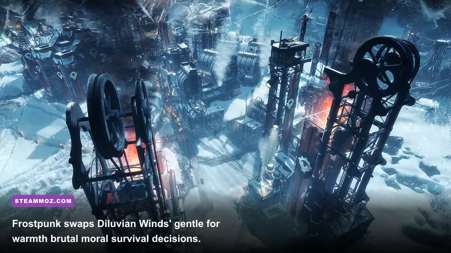 Frostpunk frozen city surrounding a glowing generator during a snowstorm