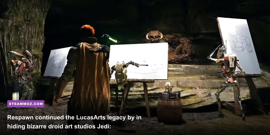 Cal Kestis discovering battle droids painting a portrait in a secret cave on Koboh