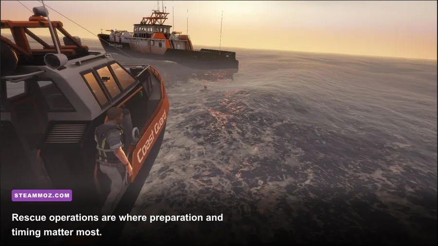 COAST GUARD video game ocean rescue mission with patrol boat