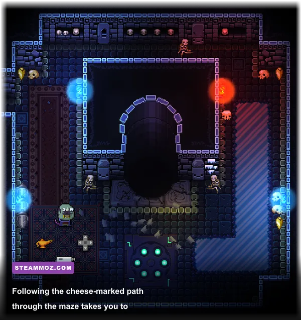 The hidden trapdoor leading to the Resourceful Rat's lair in Enter the Gungeon