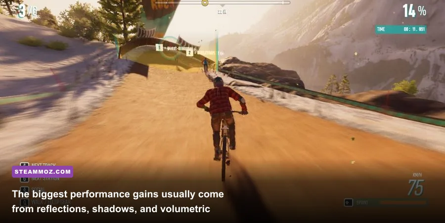 Riders Republic PC graphics settings showing resolution, reflections, shadows, and texture options