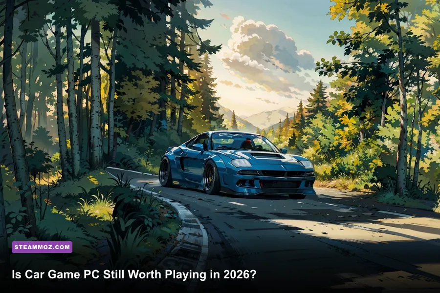 High-speed PC car game racing through a mountain road