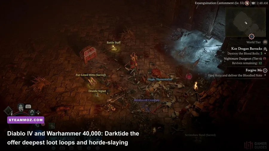 Diablo 4 Sorcerer unleashing lightning spells in a crowded nightmare dungeon packed with demons
