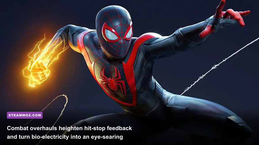 Miles Morales delivering a high-voltage Venom punch with enhanced particle effects