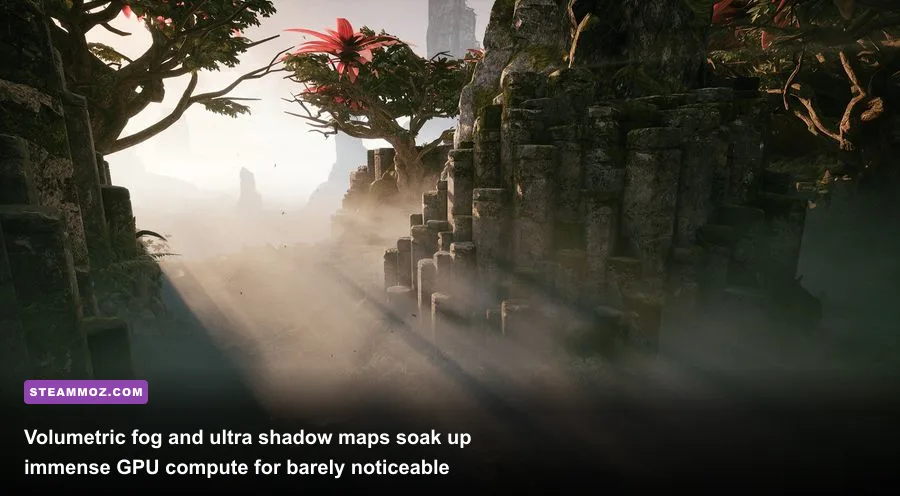 Volumetric sunlight ray-marching through dense forest fog in modern game engine