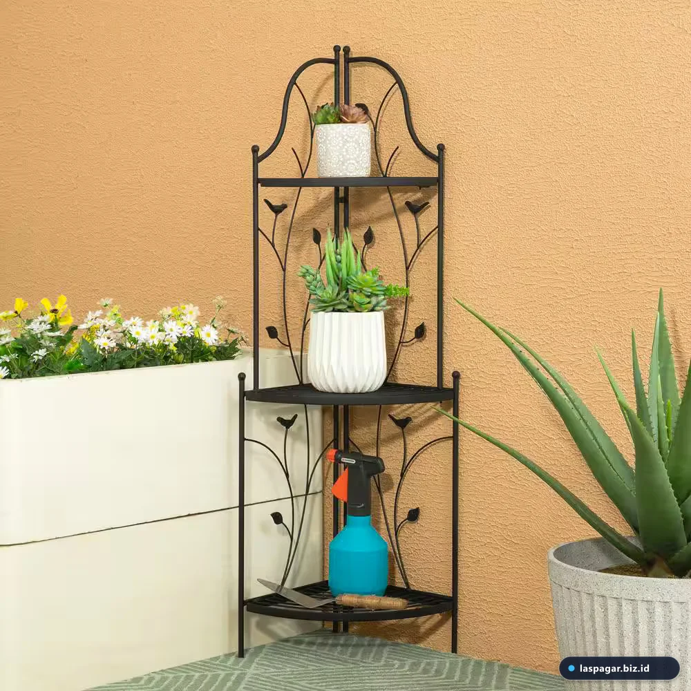 Dudukan pot bunga besi sudut teras minimalis modern untuk rumah asri