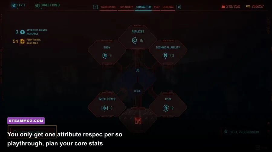 Cyberpunk 2077 character progression screen showing perk trees and attribute distribution