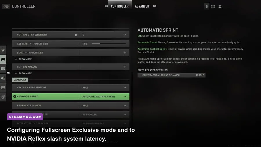 Modern Warfare 2 display configuration interface showing Fullscreen Exclusive mode