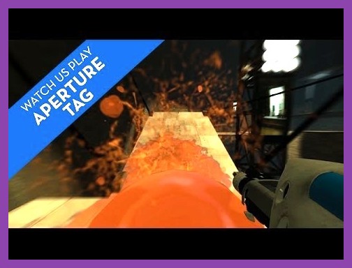 Chell firing a blue portal across an Aperture Science test chamber in Portal 2