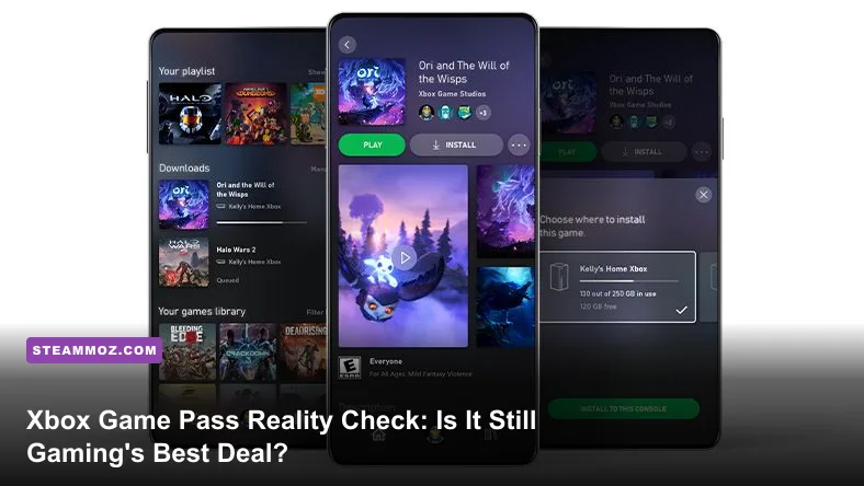 Xbox Game Pass application interface showing game library catalog on desktop monitor