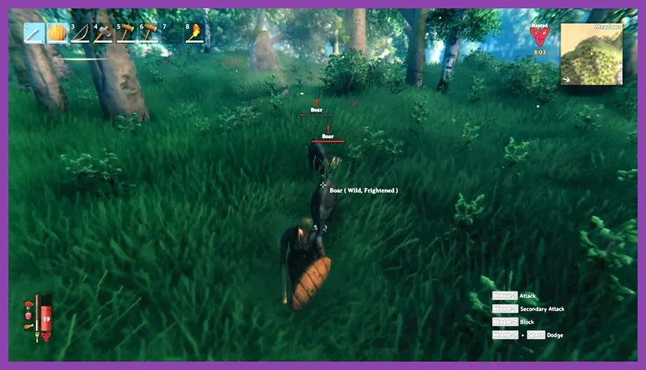 Valheim player using a Crude Bow to hunt deer in the Meadows