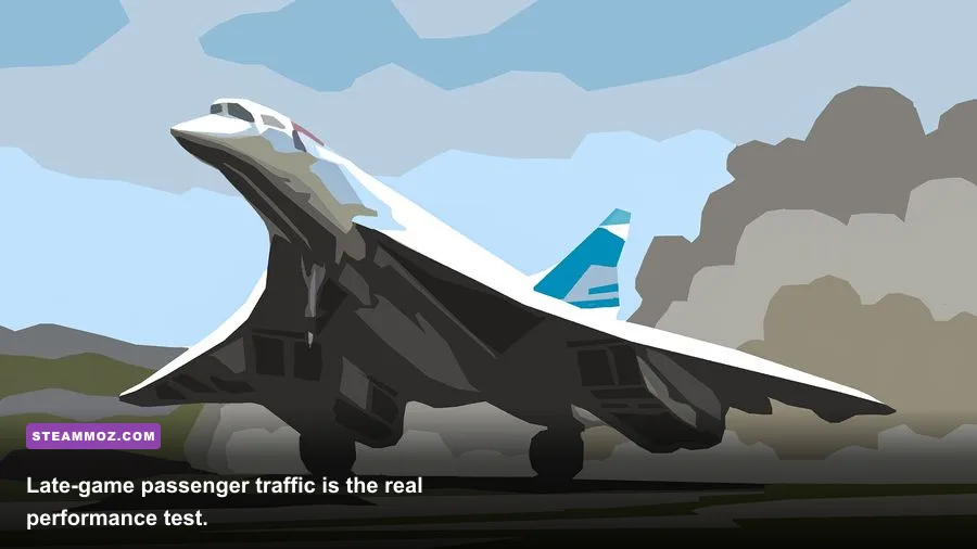 Fly Corp late-game airport network with crowded routes and many connected cities