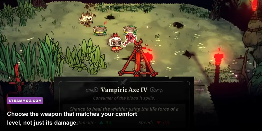 Cult of the Lamb weapon selection showing sword axe and dagger options