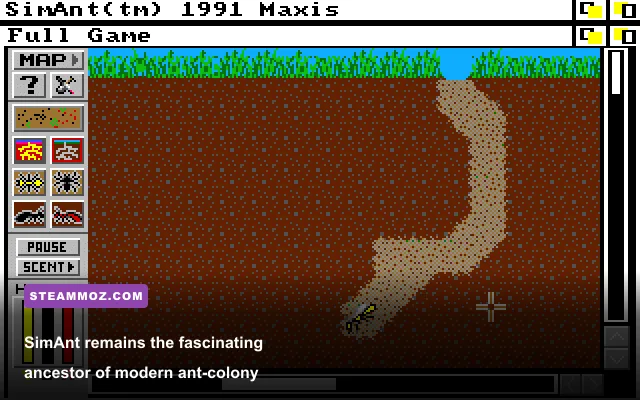 Classic SimAnt ant colony simulation showing underground tunnels and worker ants