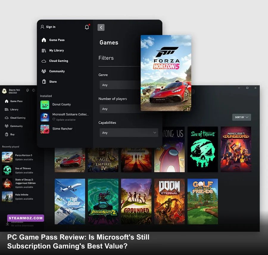 Xbox app on PC showing Game Pass games library and featured titles