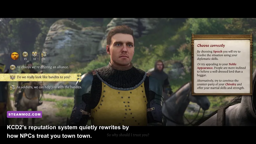 Henry navigating a tense reputation-based dialogue in Kingdom Come Deliverance 2