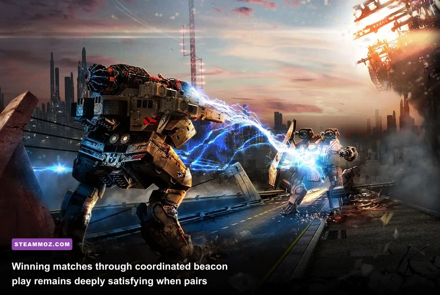 Beacon Rush match victory screen showing combat score and damage stats in War Robots