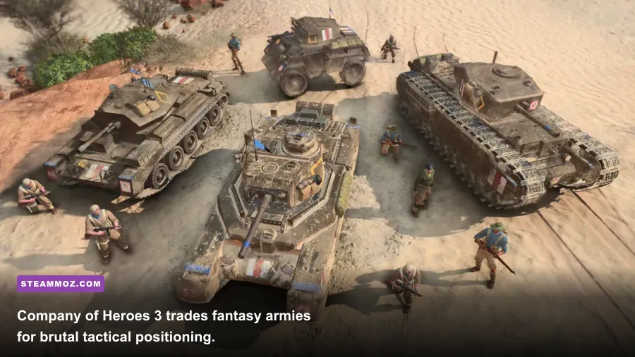 Company of Heroes 3 tactical infantry and armored units fighting across a battlefield