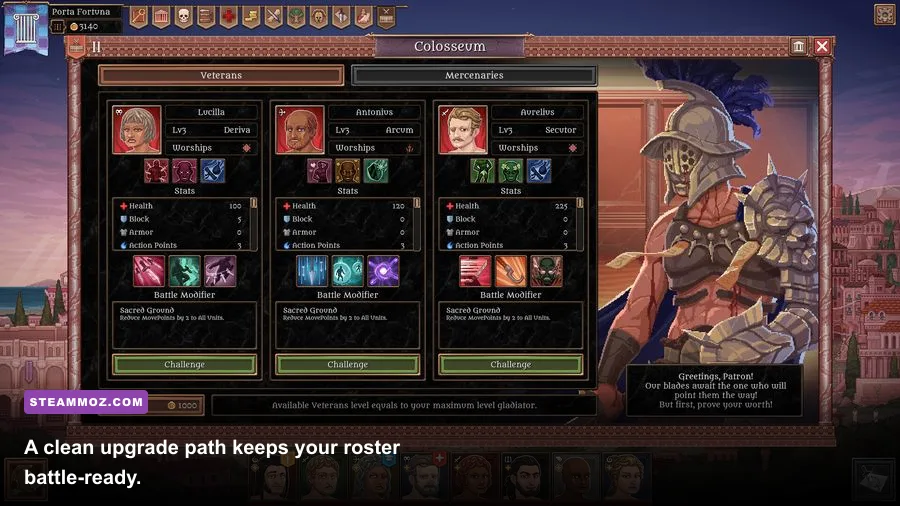 Bloodgrounds campaign progression and gladiator upgrade interface