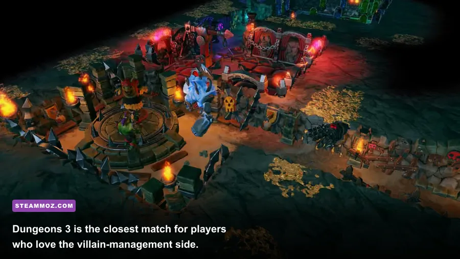 Dungeons 3 gameplay showing an Overlord dungeon filled with minions and rooms