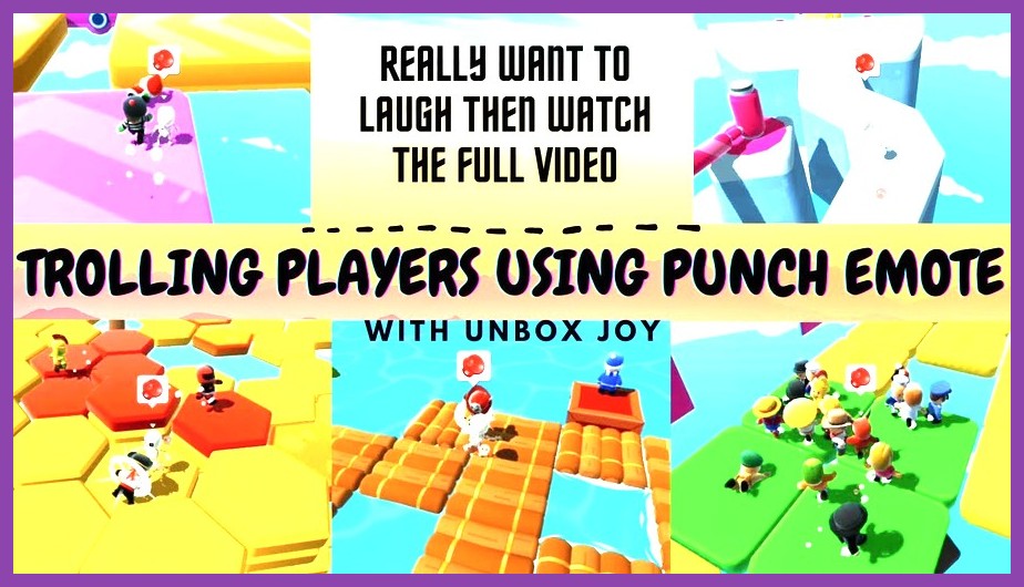 A Stumble Guys character punching an opponent off the edge of a platform