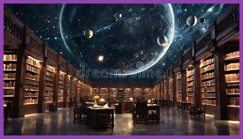 The celestial library floating among clouds with ancient tomes