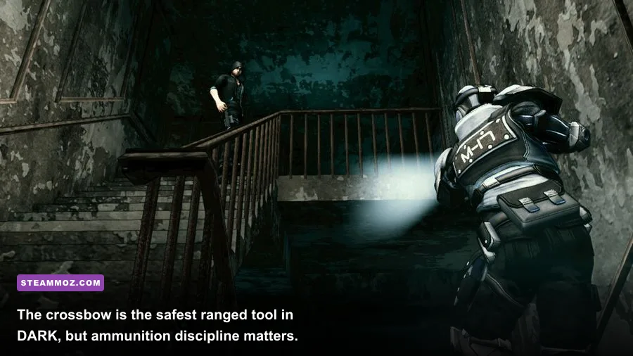 DARK gameplay showing Eric Bane using a crossbow against a guard