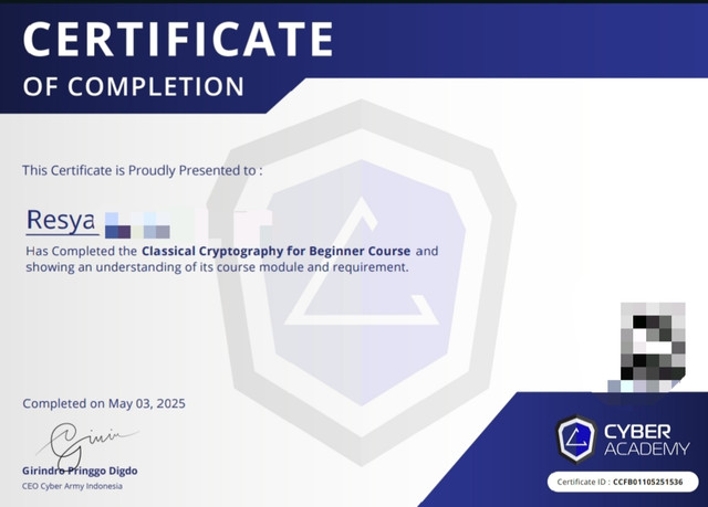 Sertifikat Clasical Crypto For Beginner - SYA444 Cyber Security Specialist Yogyakarta