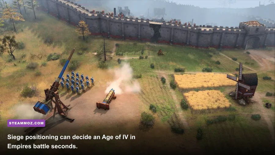 Age of Empires IV siege engines supporting infantry and cavalry in combat