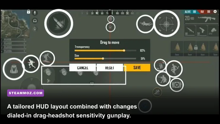 Four-finger claw custom HUD layout on a smartphone screen for Free Fire