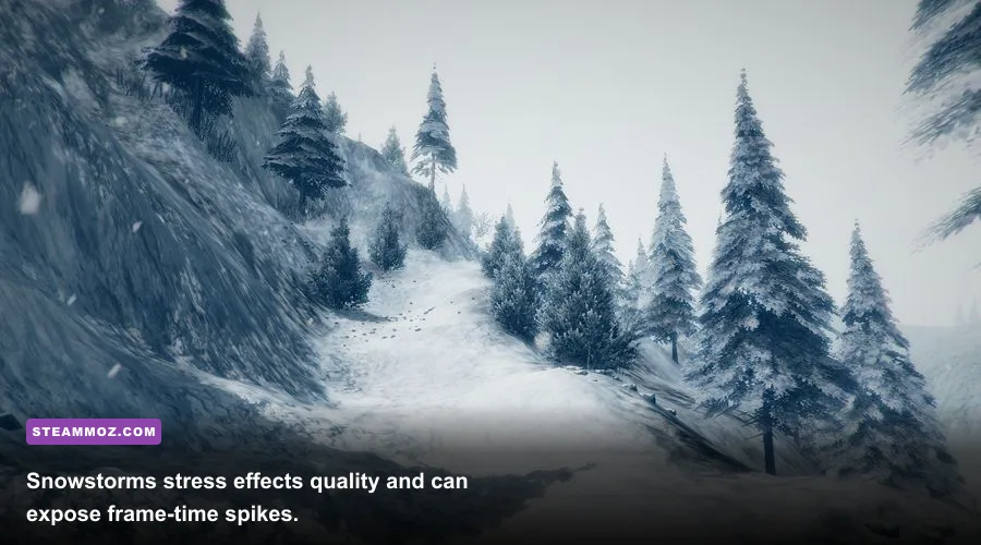 Kholat snowstorm gameplay scene with heavy fog and blowing snow