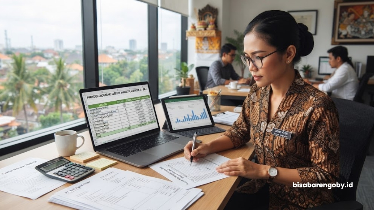 Manajer pengadaan memproyeksikan anggaran saat menghitung biaya website marketplace untuk perusahaan di Bali berbasis Node.js