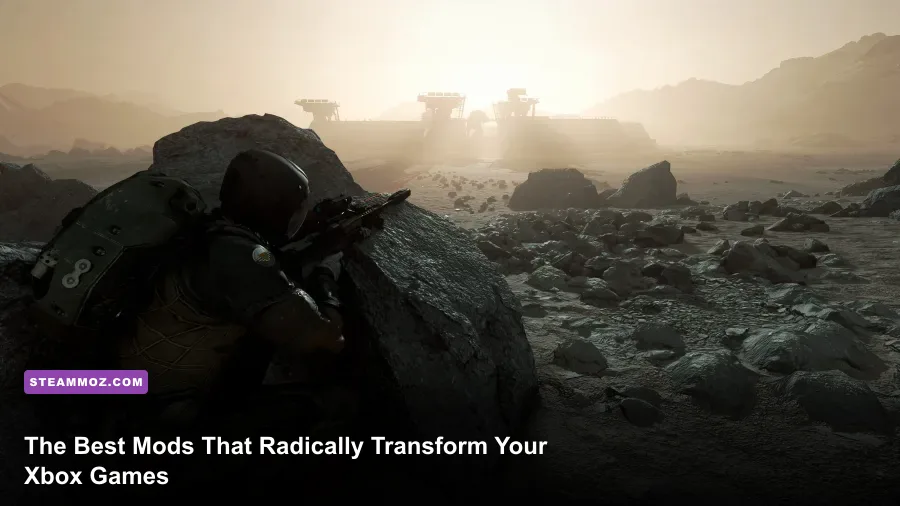 Heavily modded cinematic space battle in Starfield showcasing custom visual overhaul