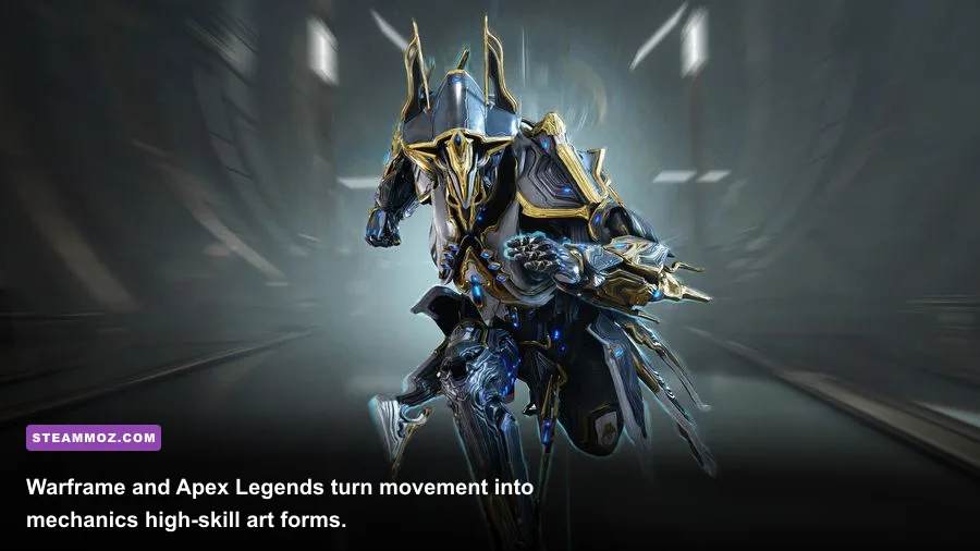 Warframe high speed movement combat showing bullet jumping and weapon abilities